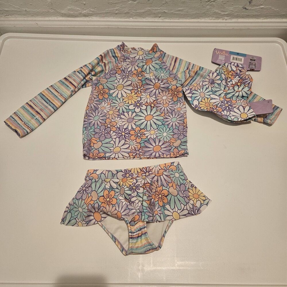 UV SKINZ Girls 3 Piece Swimsuit Purple Yellow Flower Stripes UPF 50, Size 4T